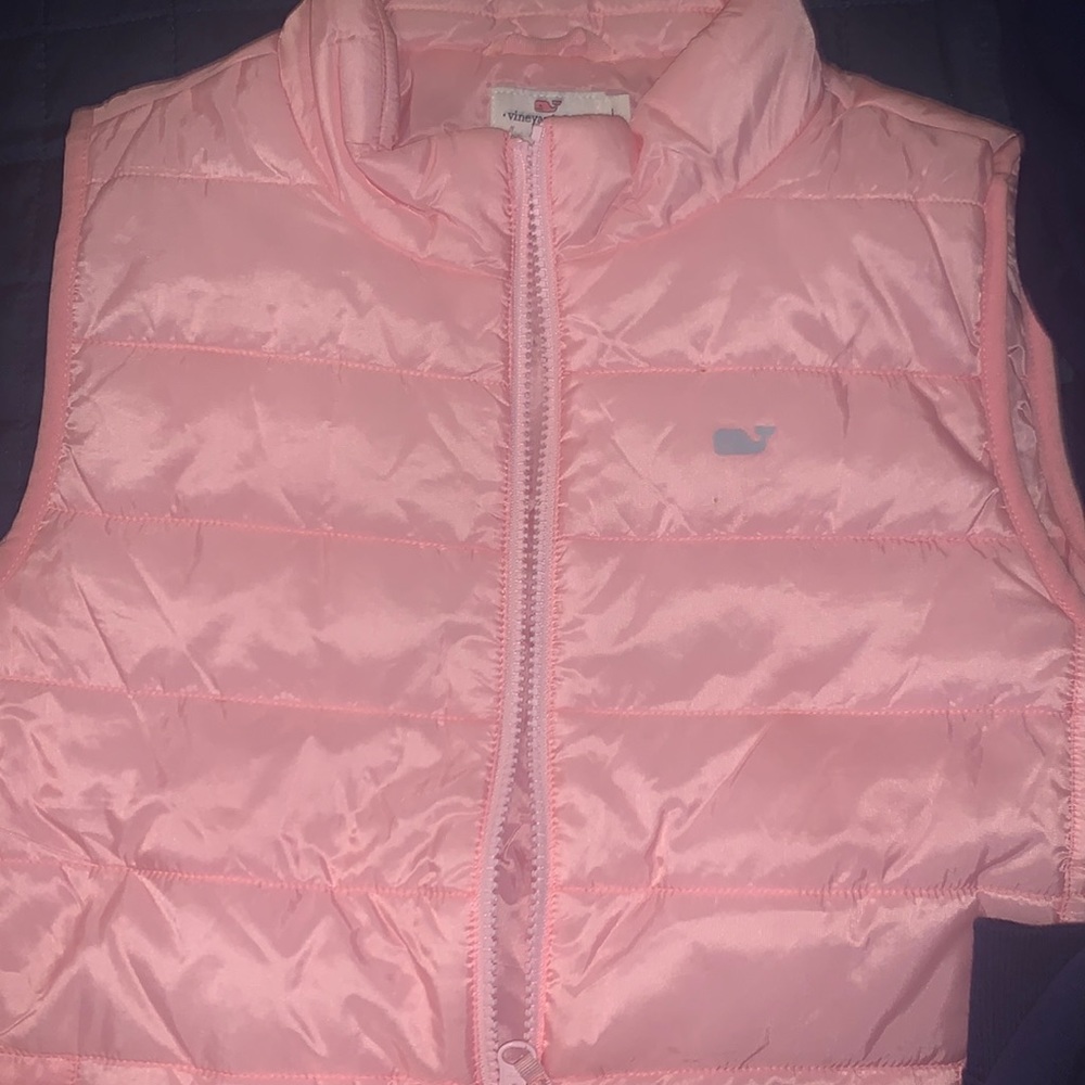 One light pink Vineyard Vines vest and 3 long sleeve pull overs